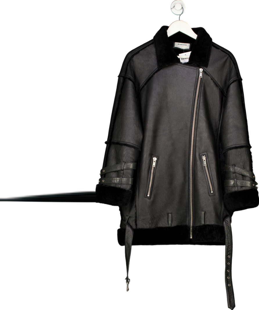 One Teaspoon Black Shearling Buckle Sleeve Aviator Coat UK S
