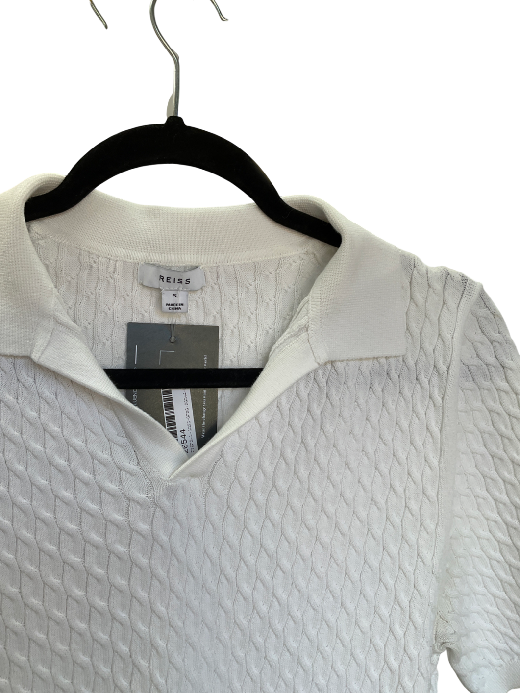 REISS White Federico Slim Fit Cable Knit Open Collar Polo Shirt In