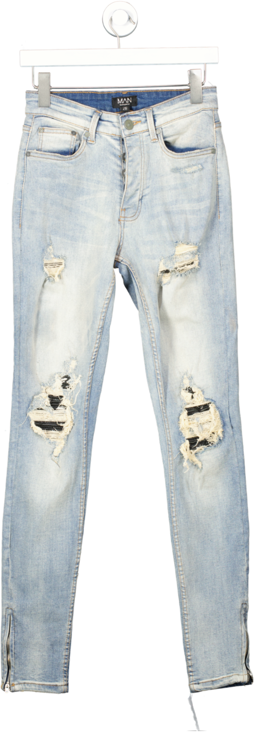 boohooMan Blue Skinny Stretch Rip And Repair Vintage Faded Jeans W28