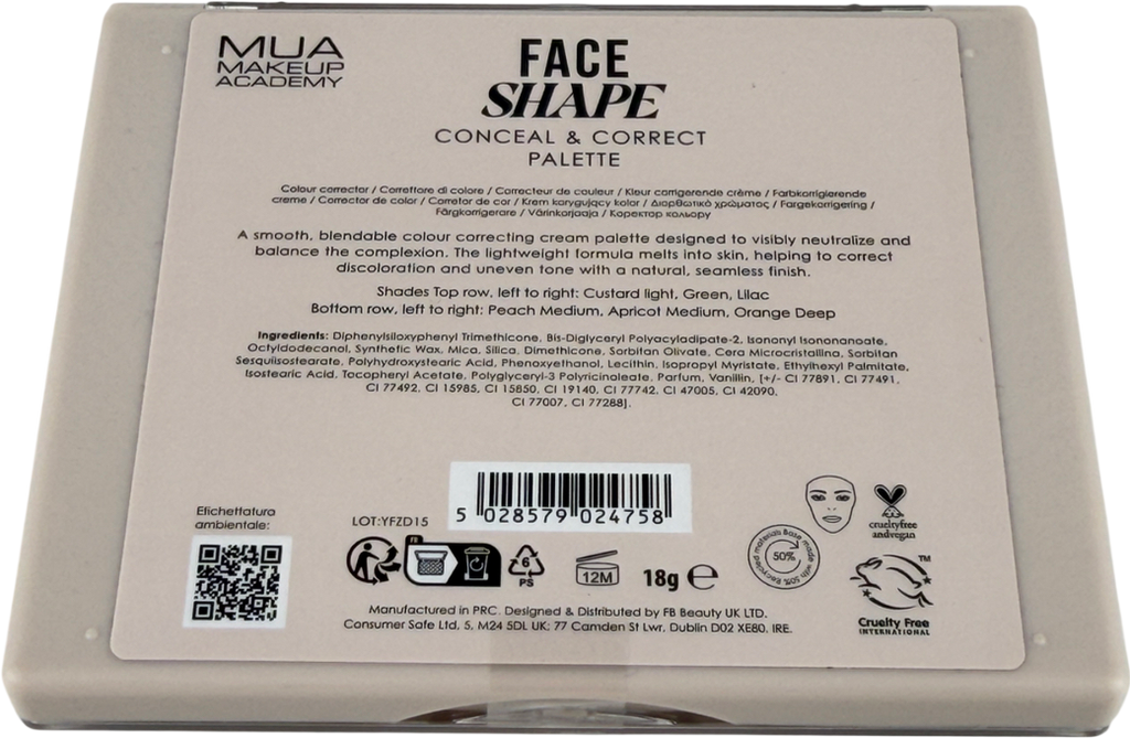 MUA Face Shape Palette, Conceal & Correct, 6 Cream Shades | Cream Colour Correcting Palette Targets Redness & Dark Circles, With Vitamin E For Face, Eyes & Cheeks, Vegan & Cruelty Free 18g