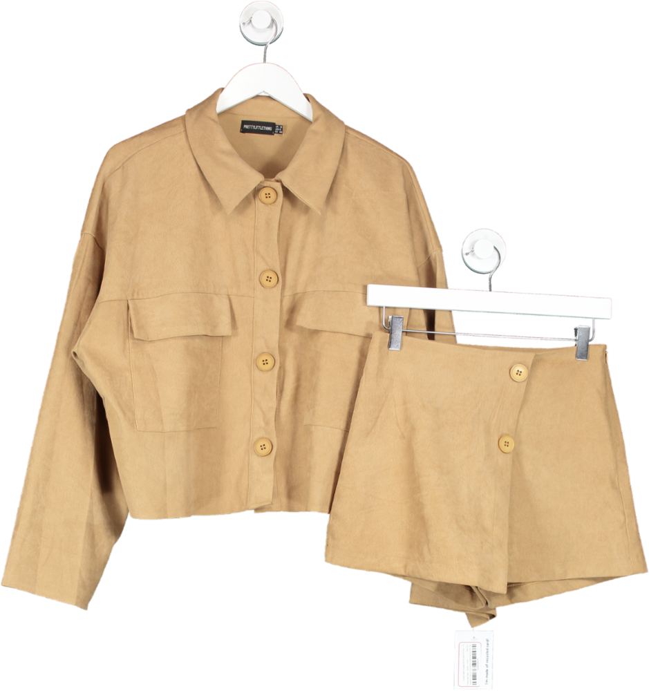 PrettyLittleThing Brown Pocket Detail Cropped Shirt & Skort Co-ord UK 8
