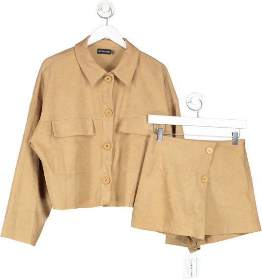 PrettyLittleThing Brown Pocket Detail Cropped Shirt & Skort Co-ord UK 8