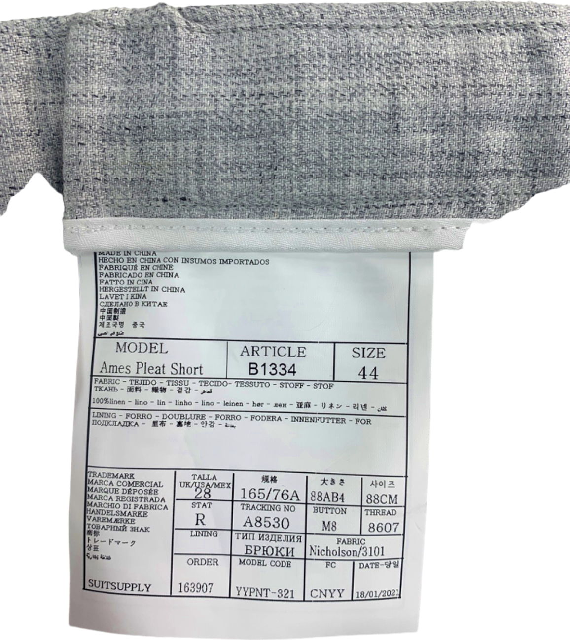 Suitsupply Light Grey Ames Pleat 100% Linen Shorts EU 44 UK W28