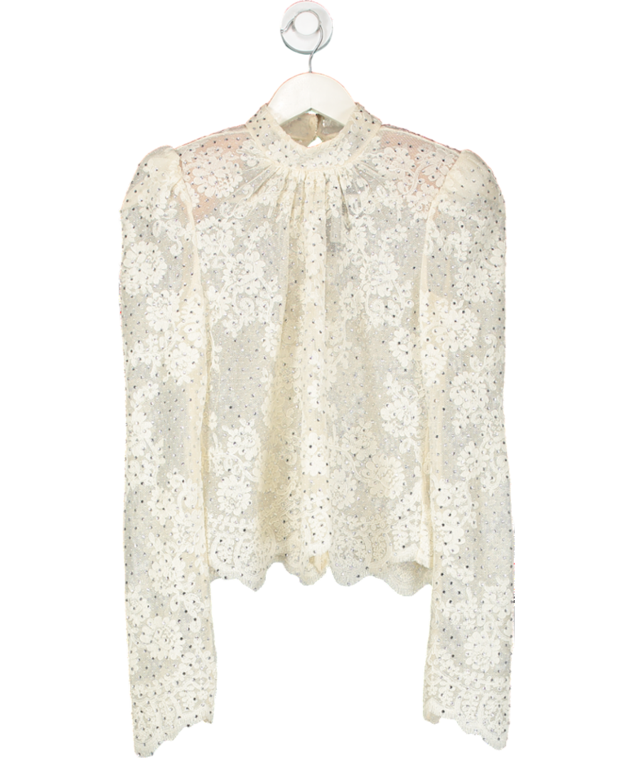 Self-Portrait Cream Rhinestone Embellished Shoulder Padded Lace Top UK 4