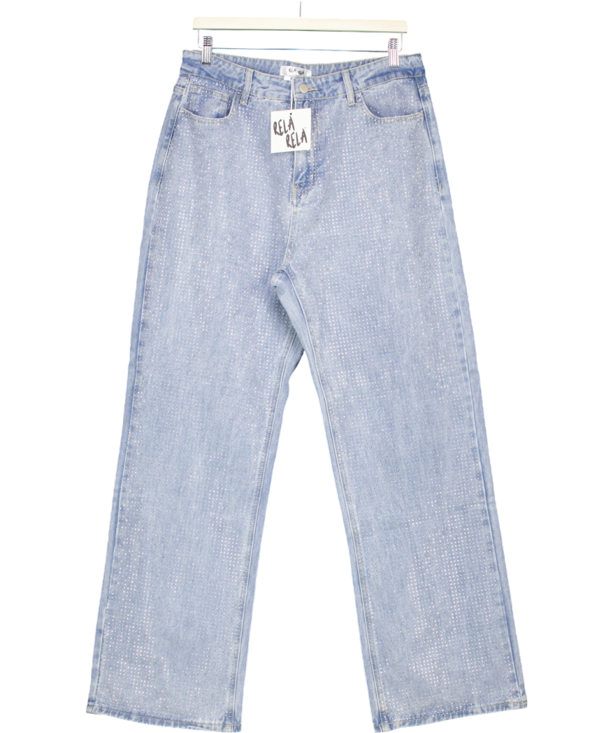 Rela Rela Blue Boyfriend Loose Fit Mid Rise Rhinestone Jeans UK XL