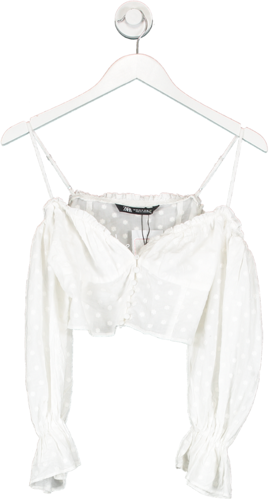 ZARA White Embroidered Long Sleeve Crop Top UK XS