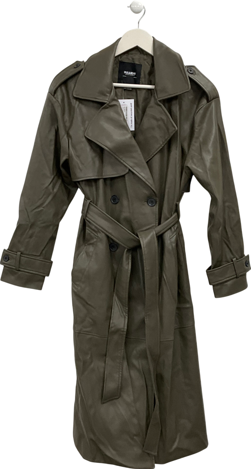 Pull&Bear Green Belted Faux Leather Trench Coat UK S
