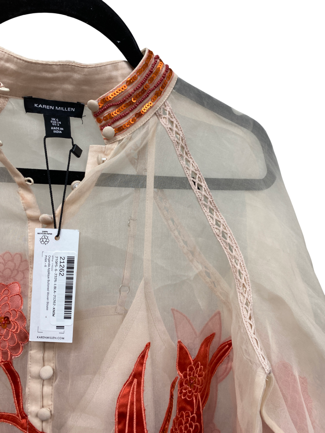 Karen Millen Pink Organdie Applique Buttoned Satin Woven Blouse UK 6