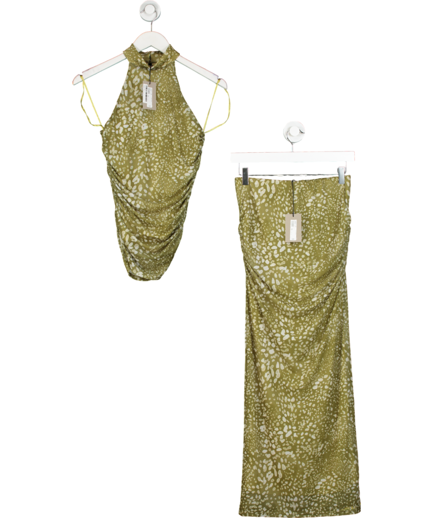 River Island Green Spot Sleeveless Mesh Halter Neck Top And Ruched Maxi Skirt UK S