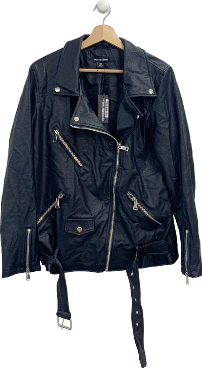 Pretty Little Thing Black Faux Leather Longline Belted Biker Jacket UK 10