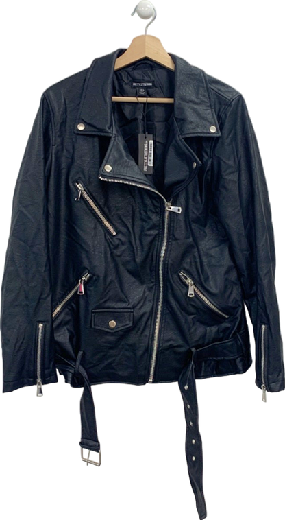 Pretty Little Thing Black Faux Leather Longline Belted Biker Jacket UK 10