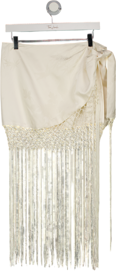 BOA Cream Satin Jacquard Sarong Midi Skirt With Fringing UK S