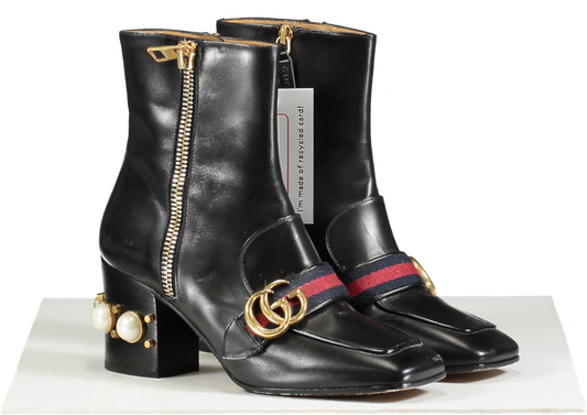 Gucci Black Leather Ankle Boots with GG Marmont and Pearl Detail Heel UK 4