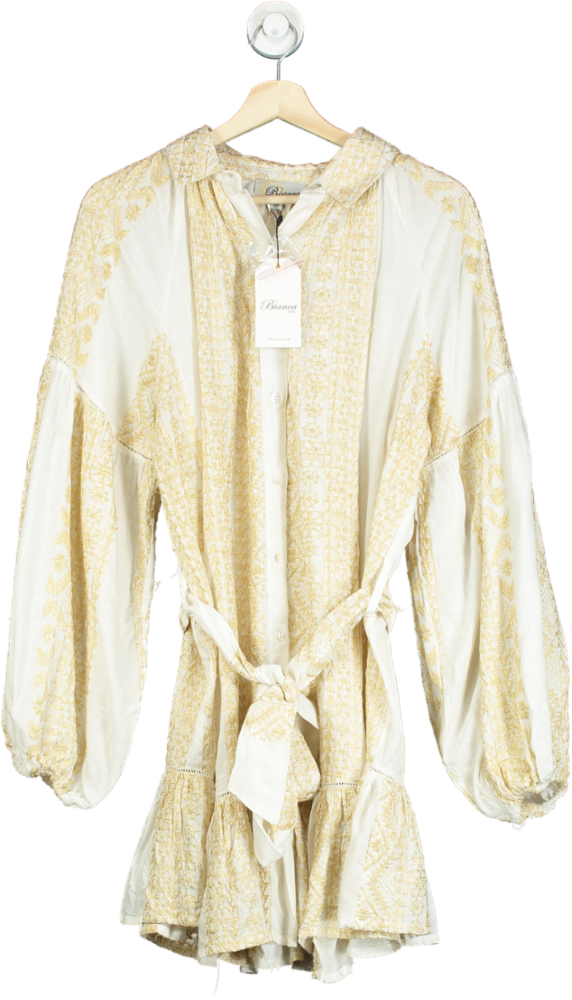 Bianca Off White/Gold Embroidered Tunic Dress UK M