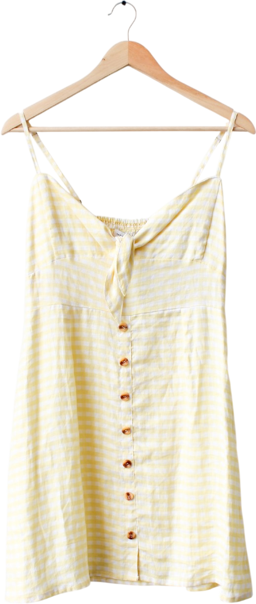Faithful The Brand Yellow Gingham 100% Linen Rodeo Mini Dress Us10 UK 14