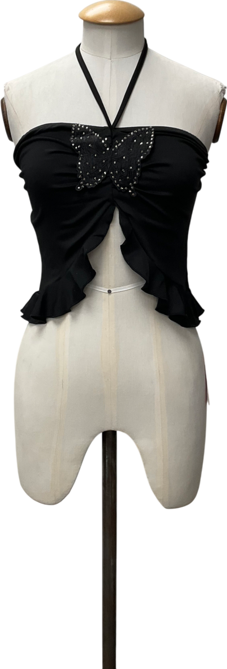 Ego Black Diamanté Butterfly Front Halter Neck Top UK 10