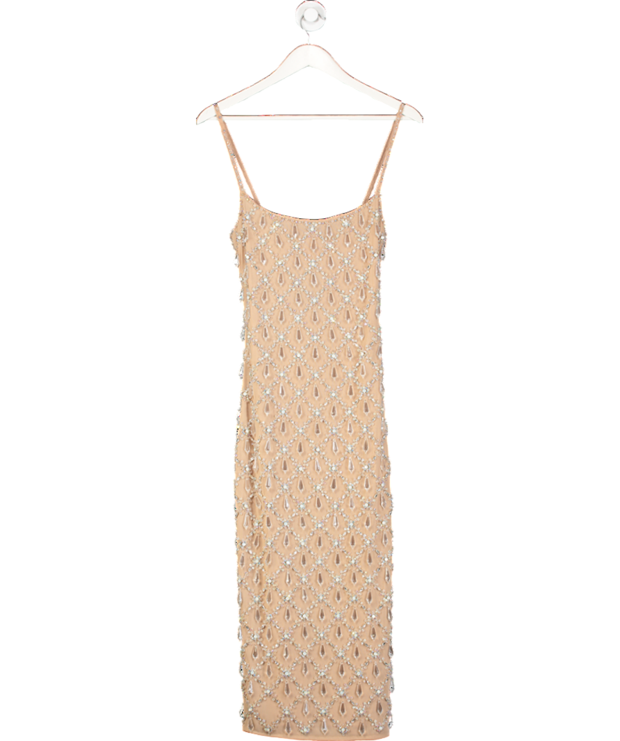 oceanus Nude Calliope Crystal Beaded Maxi Dress UK S