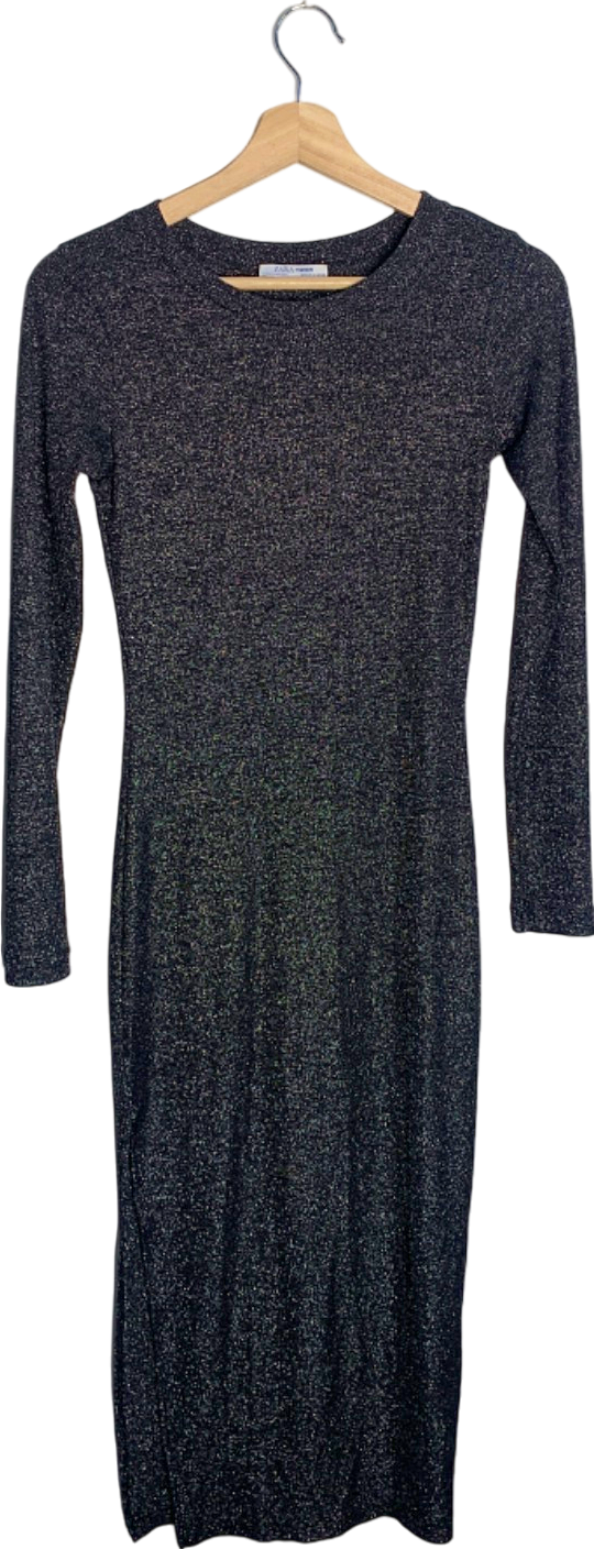 Zara Black Long Sleeve Metallic Dress UK 6