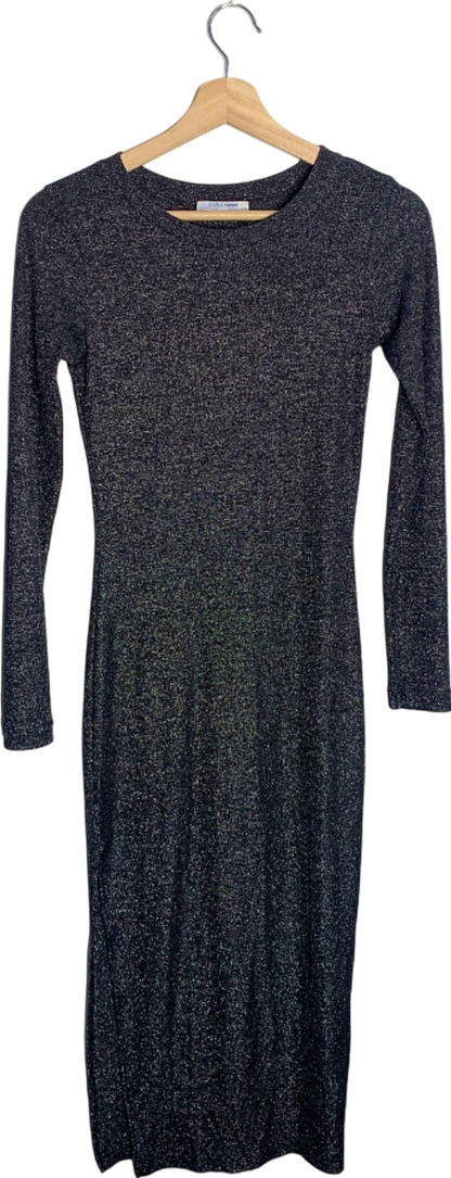 Zara Black Long Sleeve Metallic Dress UK 6