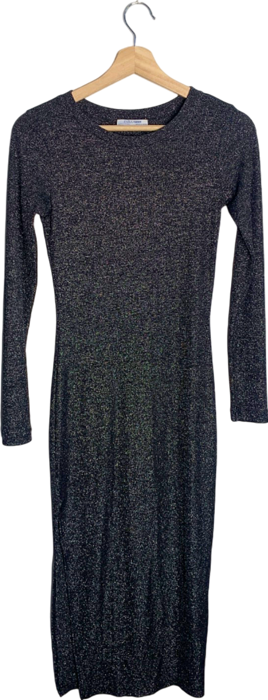 Zara Black Long Sleeve Metallic Dress UK 6