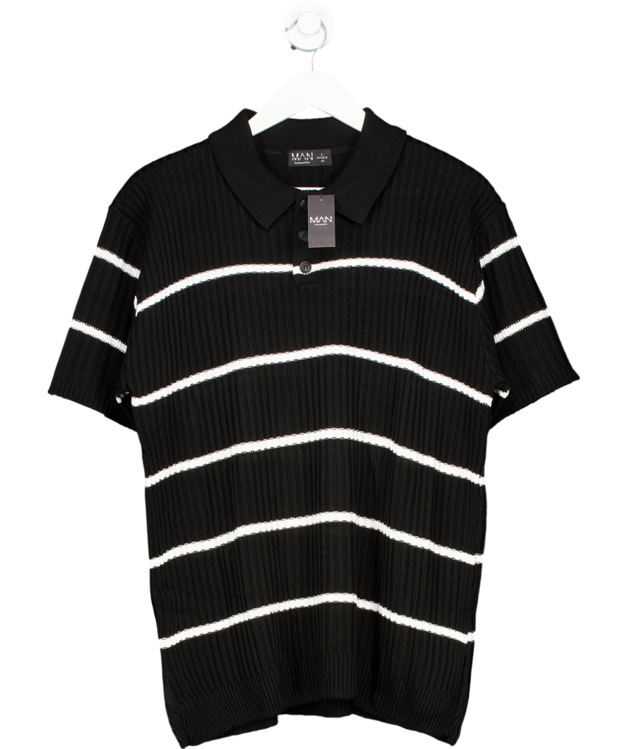 boohooMan Black Striped Knit Polo Shirt UK L