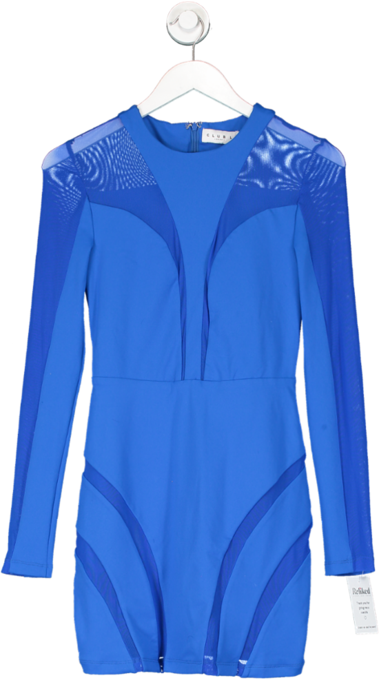 Club L Blue Grand Style Mesh Nigh Neck Long Sleeve Cut Out Mini Dress UK 8