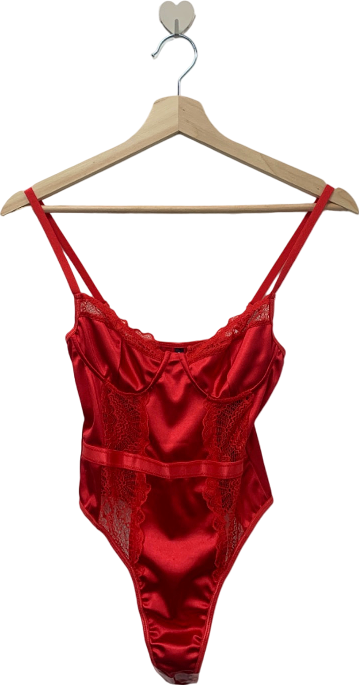 PrettyLittleThing Red Satin Lace Trim Binding Bodysuit XS