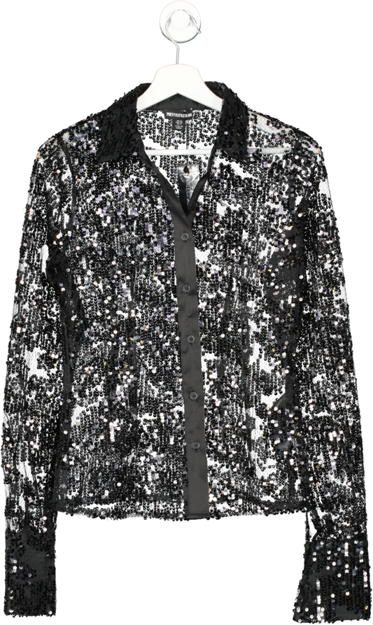 PrettyLittleThing Black Sheer Sequin Fitted Shirt UK 10