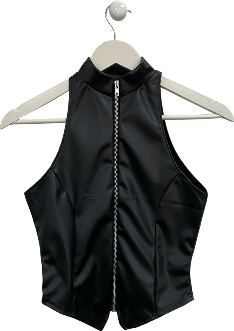 PrettyLittleThing Black Faux Leather Zip Up High Neck Top UK 6