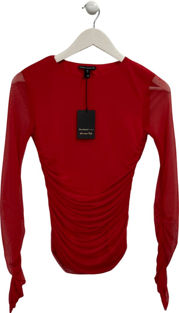 River Island Red Asymmetric Neck Ruched Mesh Top UK S