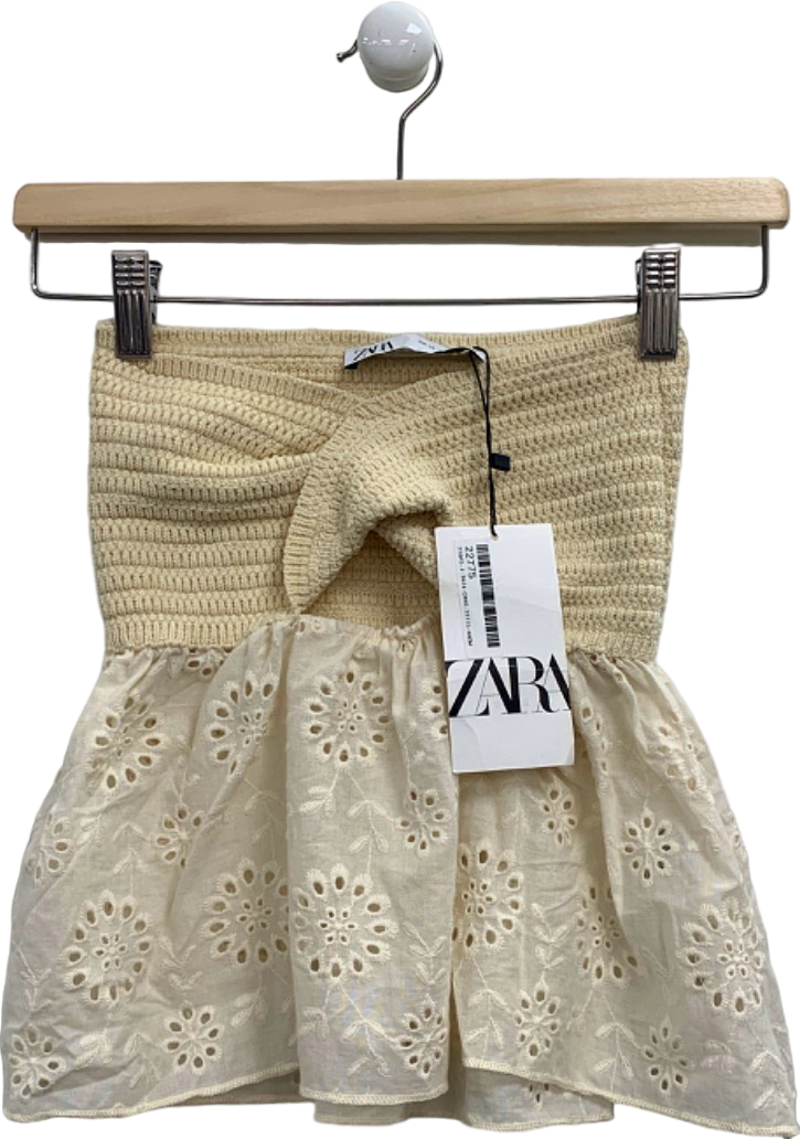 Zara Beige Crocheted Smocked Detail Top with Embroidered Hem XS