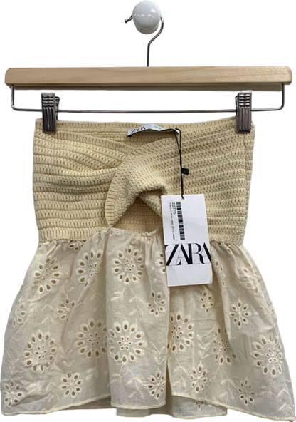 Zara Beige Crocheted Smocked Detail Top with Embroidered Hem XS