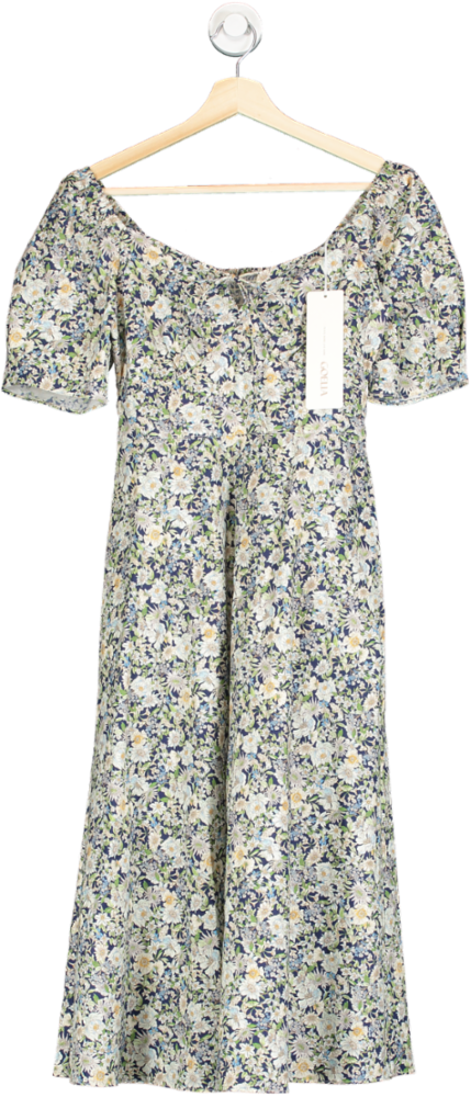 Goelia Blue Serene Garden Print Woven Midi Dress UK XS