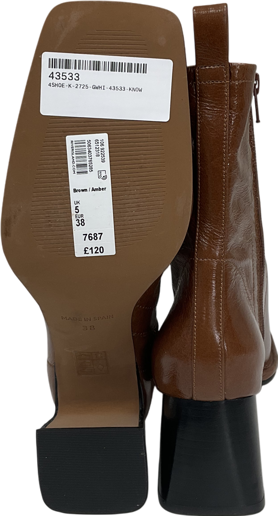 River Island Brown Leather Stitched Block Heeled Boots UK 5 EU 38 👠