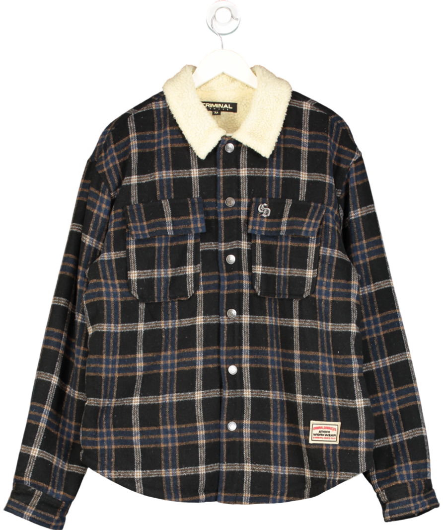 Criminal Damage Black Borg Lined Check Logo Plaque Shacket UK M