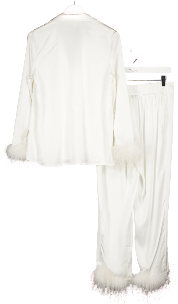NADINE MERABI White Darcie Satin Feather Trim Pyjamas With Crystal Buttons UK S