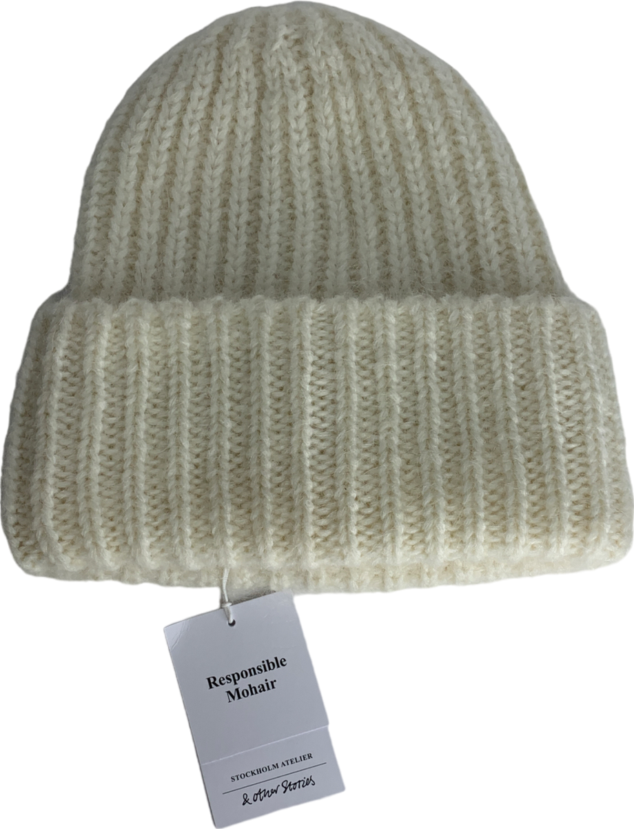 & Other Stories Cream Fuzzy Knit Beanie One Size