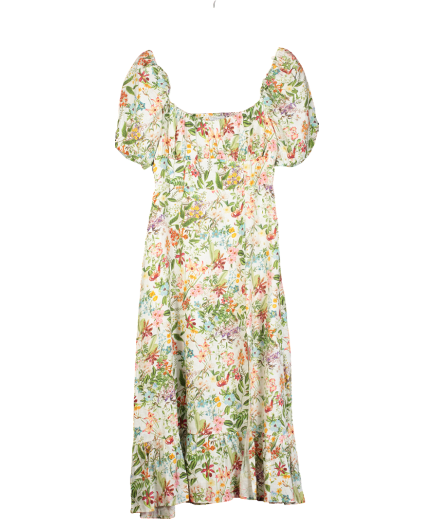 & Other Stories Multicoloured Puff Sleeve Linen Floral Print Midi Dress UK M