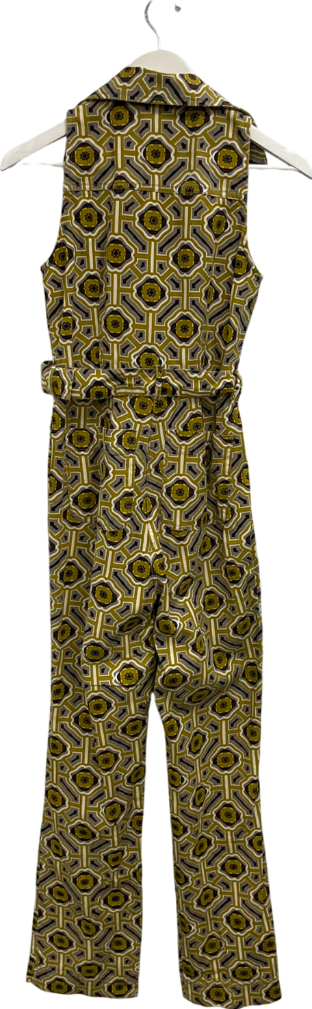 ASOS Green Retro Print Sleeveless Belted Flared Jumpsuit UK 8