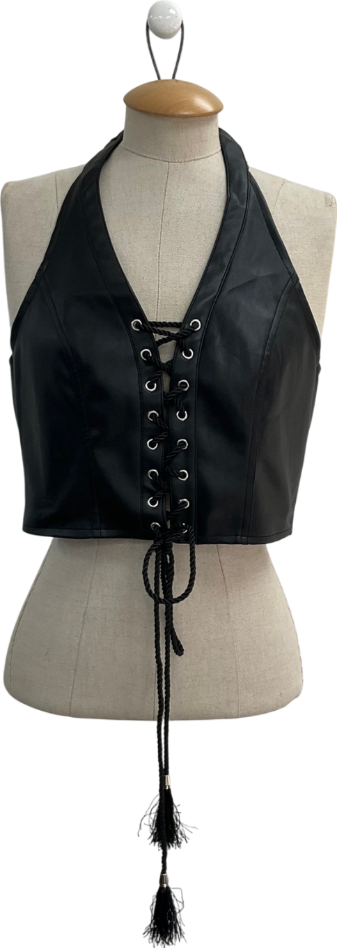 Club Exx Black Vegan Leather Rope Lace Halter Top UK L