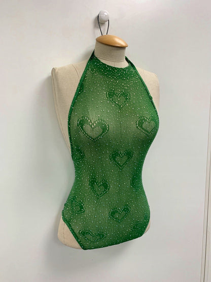 Ciberia Green Heart Pattern Halter Bodysuit One Size