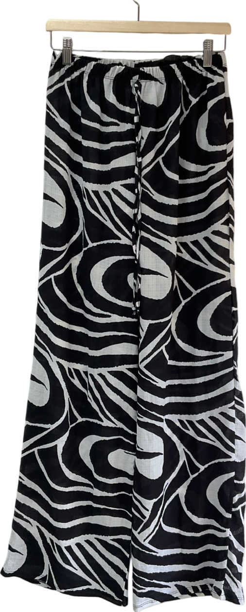PrettyLittleThing White Black Swirl Print Woven Elasticated Waist Wide Leg Trousers UK 14