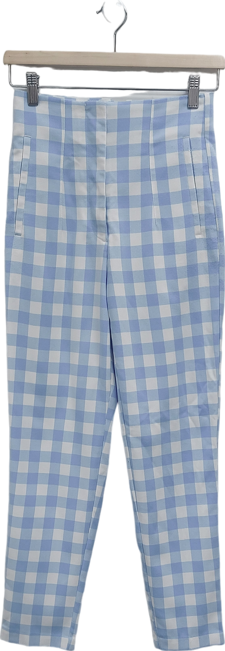 ZARA Blue Straight Leg Gingham Trousers UK XS