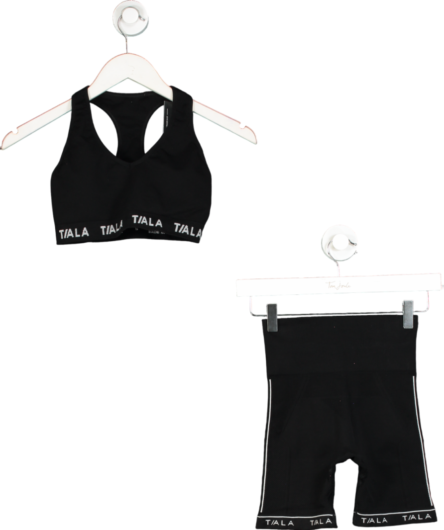 t/ala Black Exclusive Logo Print Sports Bra And Short Set UK XS