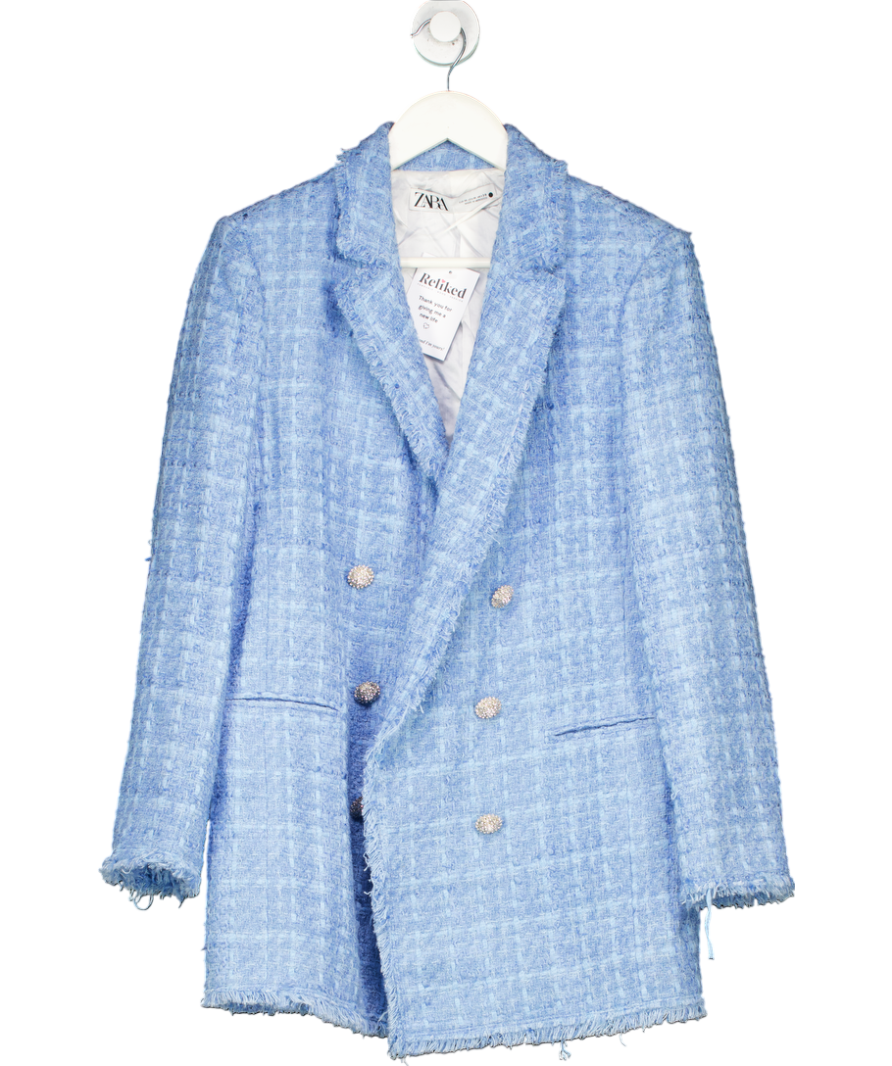 ZARA Blue Oversized Tweed Blazer With Embellished Buttons UK M