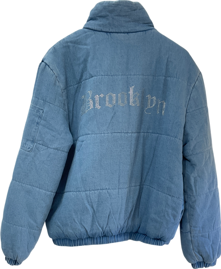 Fashion Nova Blue Brooklyn Bling Denim Puffer Jacket UK M
