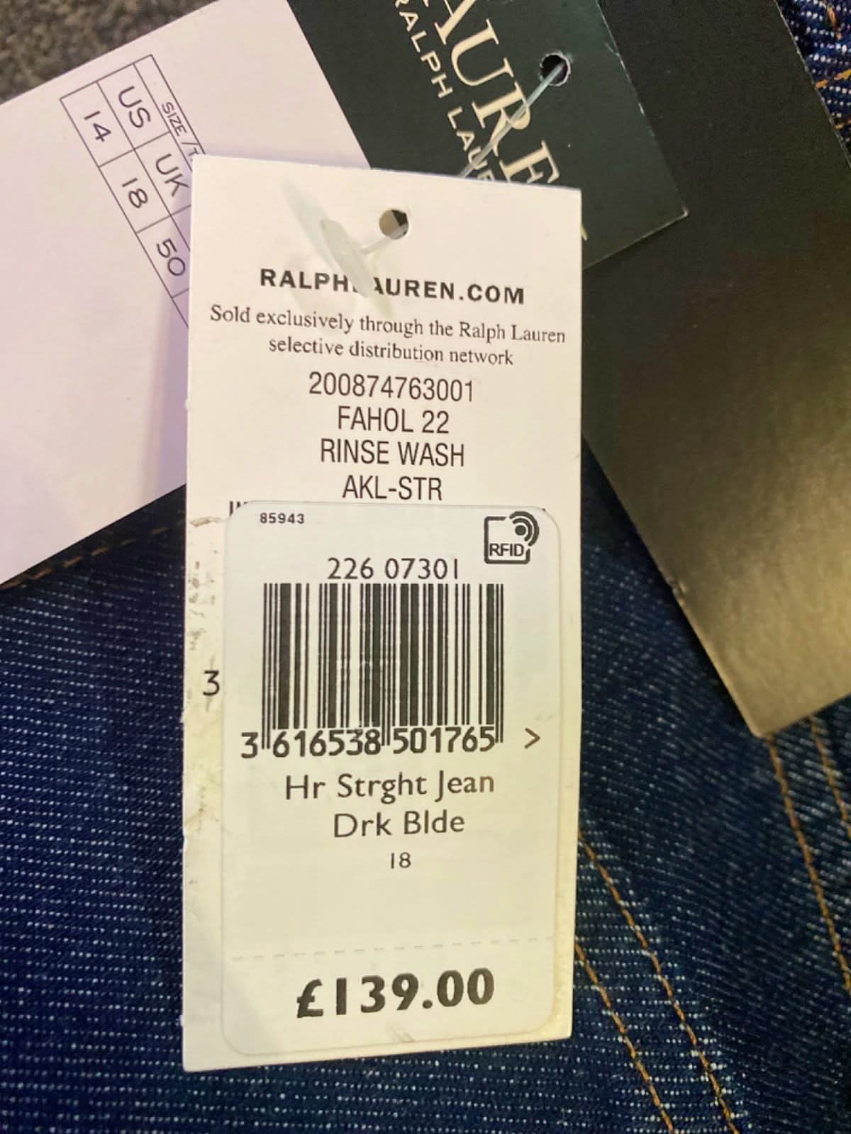 Lauren Ralph Lauren Dark Blue High-Rise Straight Ankle Jeans UK 14