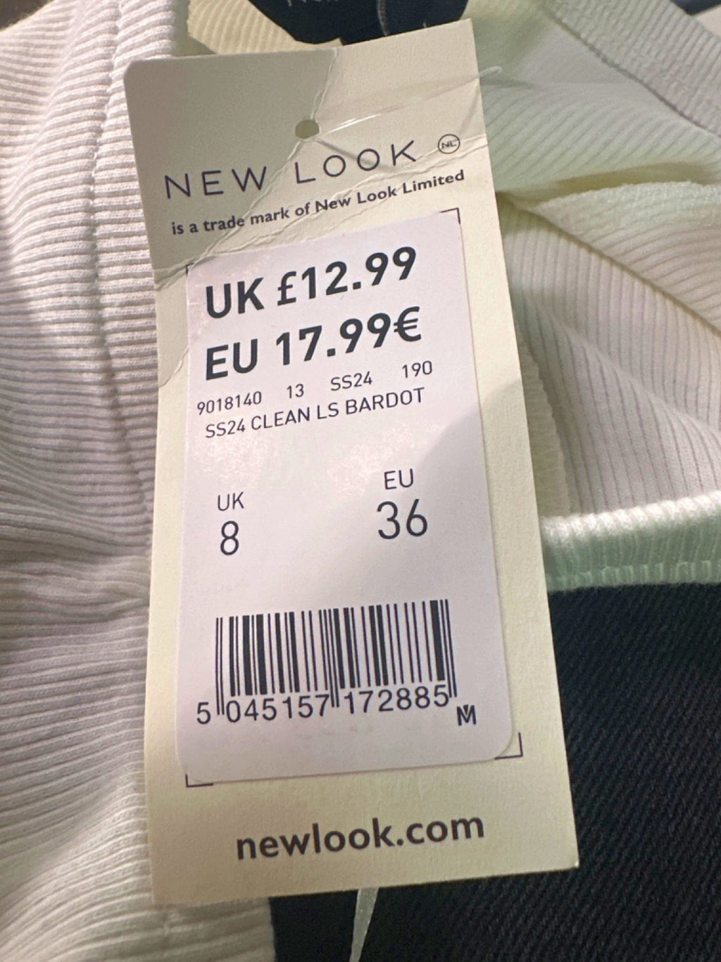 New Look White Clean Long sleeve Bardot Top UK 8