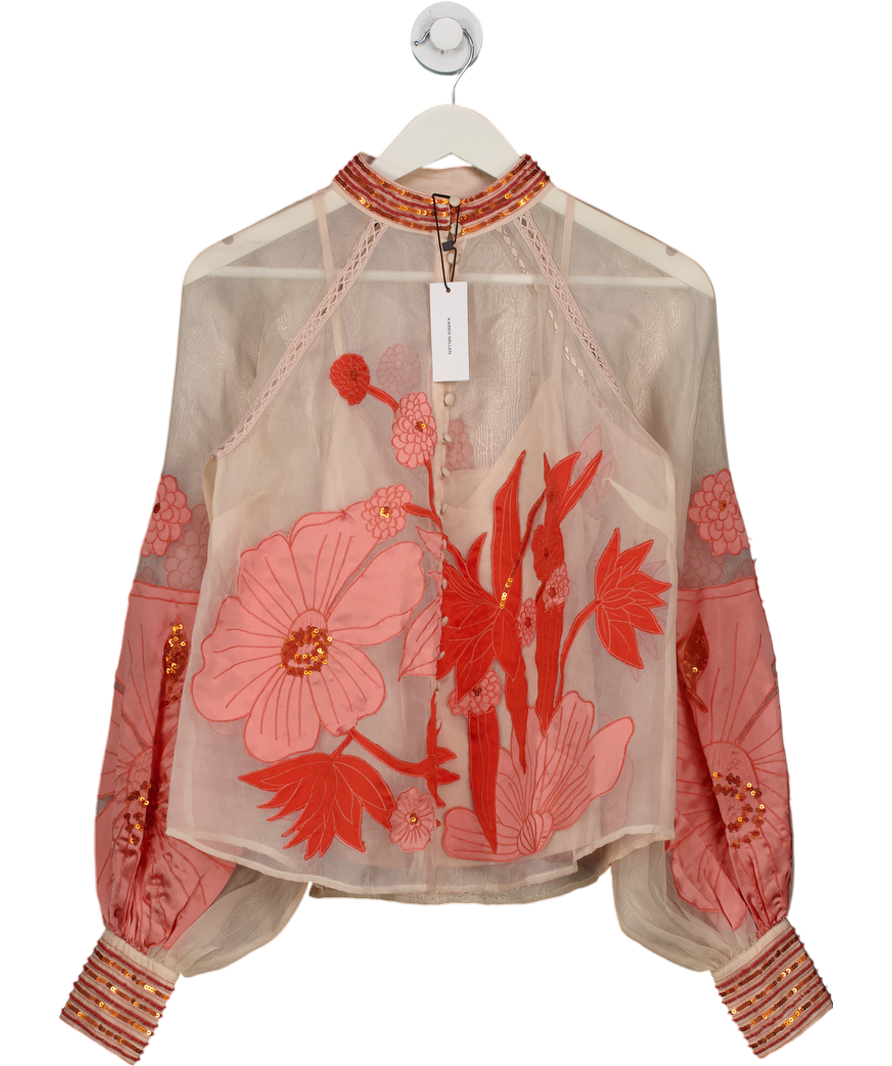 Karen Millen Pink Organdie Applique Buttoned Satin Woven Blouse UK 6