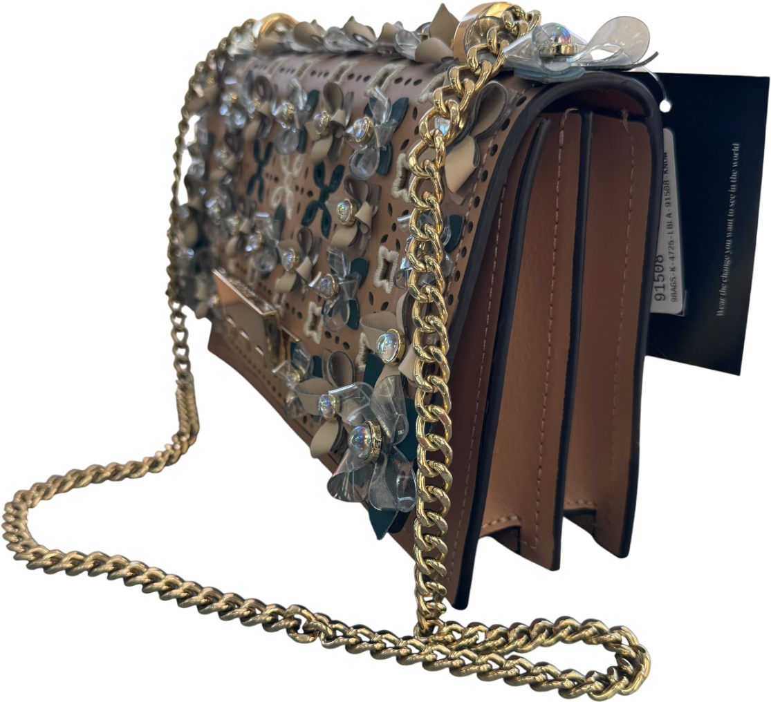 ZAC POSEN Beige Earthette Floral Appliqué Convertible Shoulder Bag